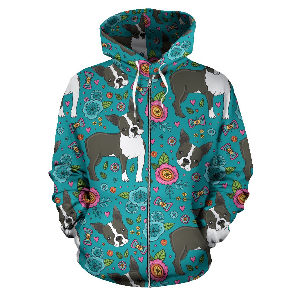 Boston Terrier Beautiful Flower Pattern Zip Up Hoodie