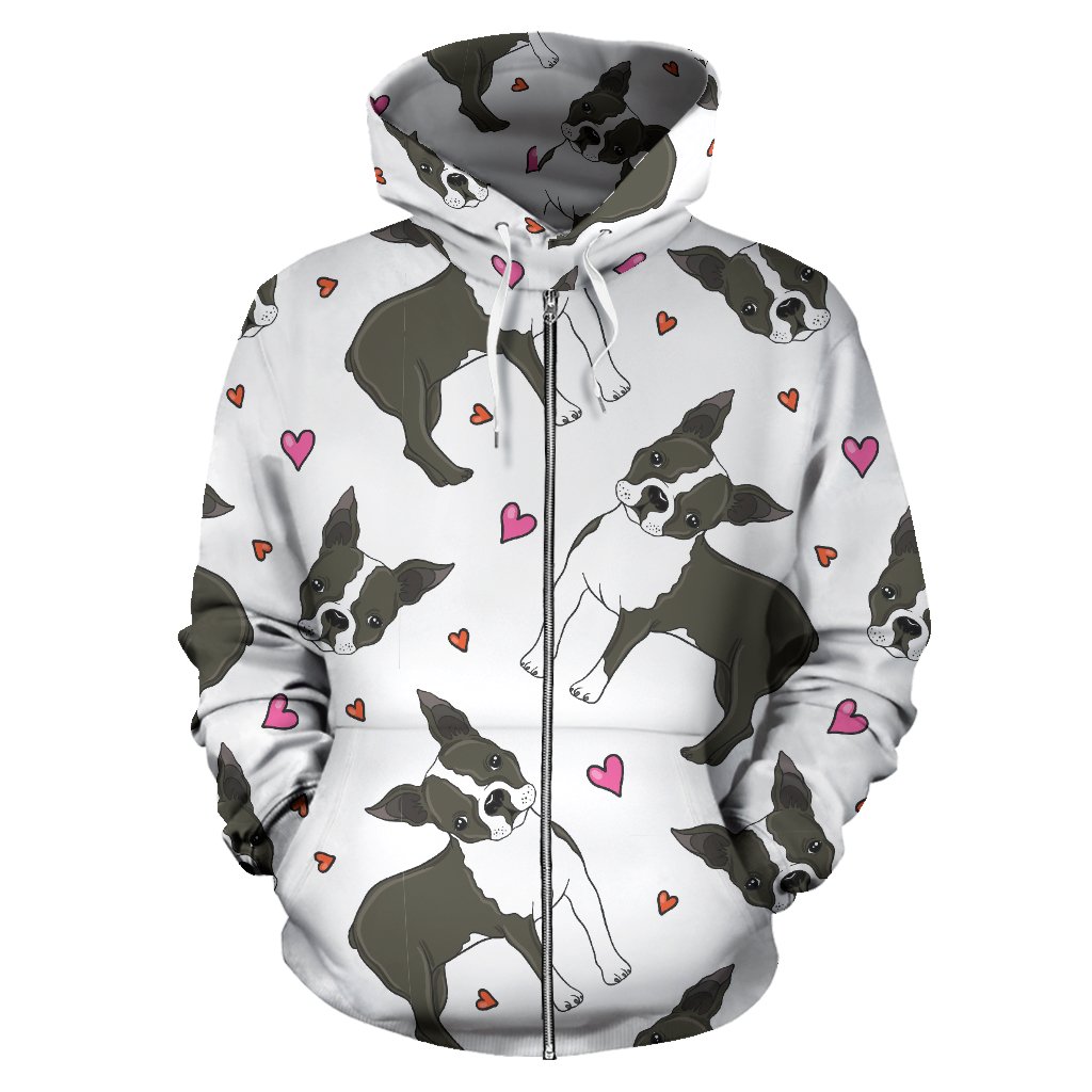 Boston Terrier Dog Hearts Vector Pattern Zip Up Hoodie