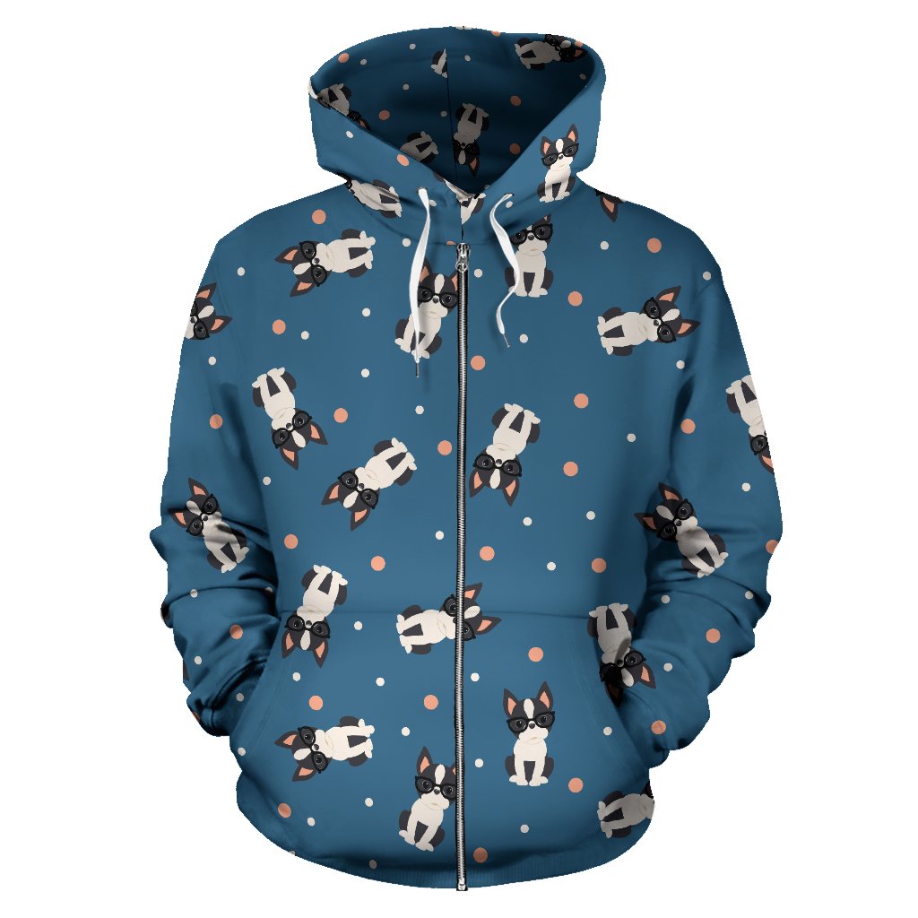 Cute Boston Terrier Dog Spattern Zip Up Hoodie