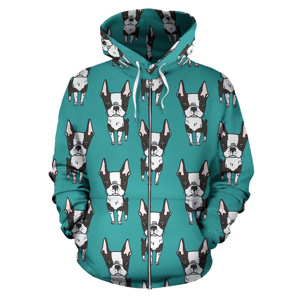 Hand Drawn Boston Terrier Dog Pattern Zip Up Hoodie