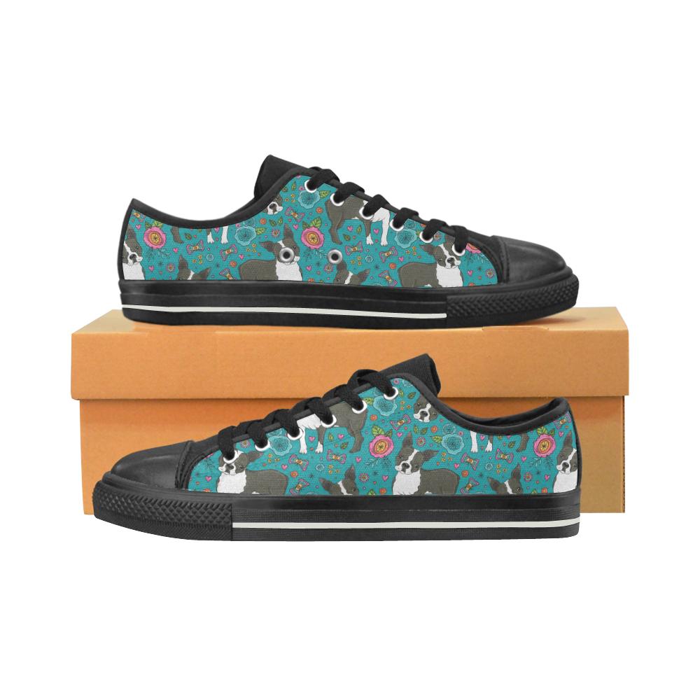 Boston terrier beautiful flower pattern Women’s Low Top Shoes Black