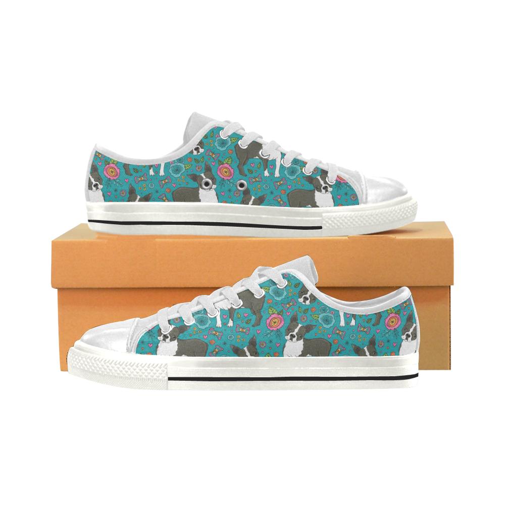 Boston terrier beautiful flower pattern Women’s Low Top Shoes White