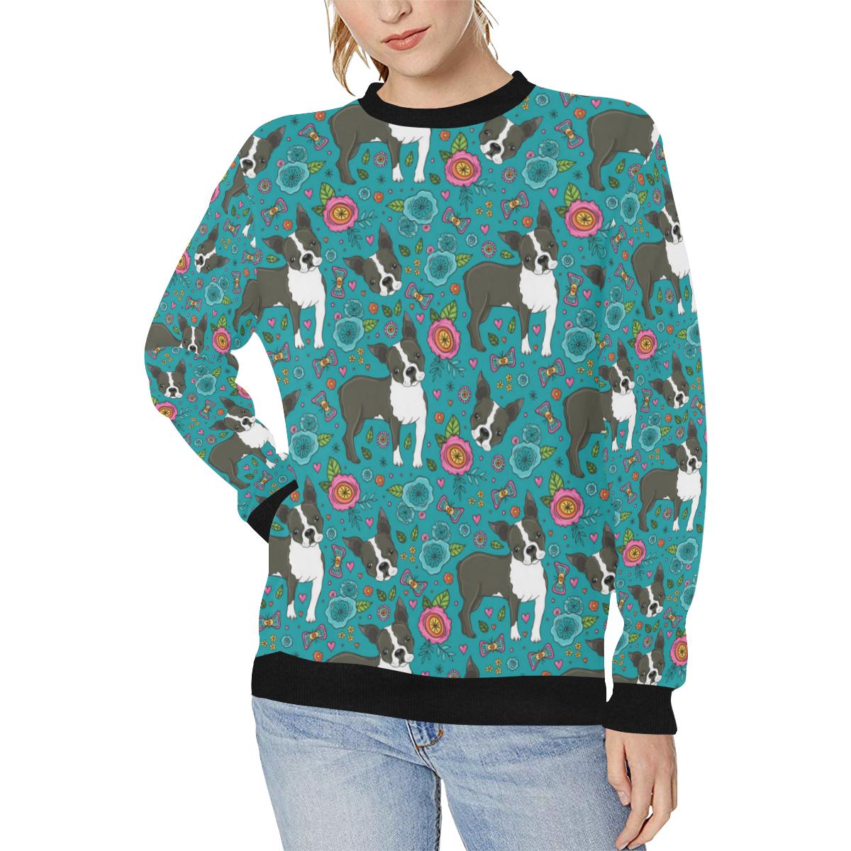 Boston terrier beautiful flower pattern Women’s Crew Neck Sweatshirt