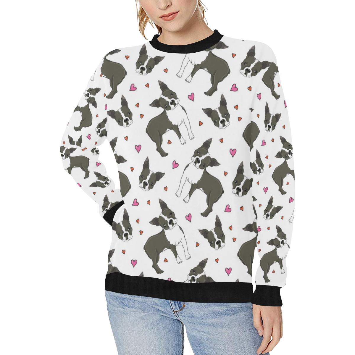 Boston terrier dog hearts vector pattern Women’s Crew Neck Sweatshirt