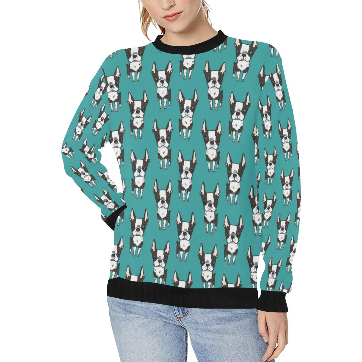 Hand drawn boston terrier dog pattern Women’s Crew Neck Sweatshirt