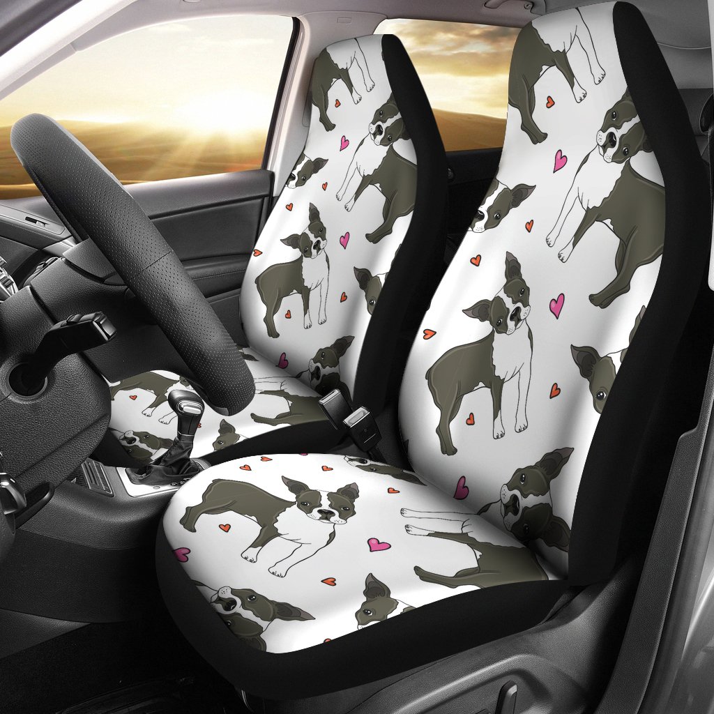 Boston Terrier Dog Hearts Vector Pattern Universal Fit Car Seat Covers