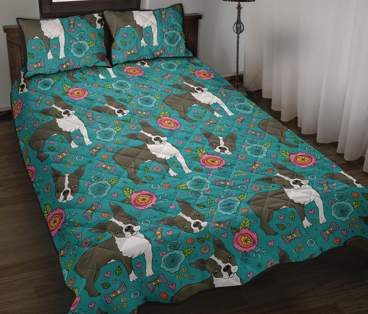 Boston terrier beautiful flower pattern Quilt Bed Set