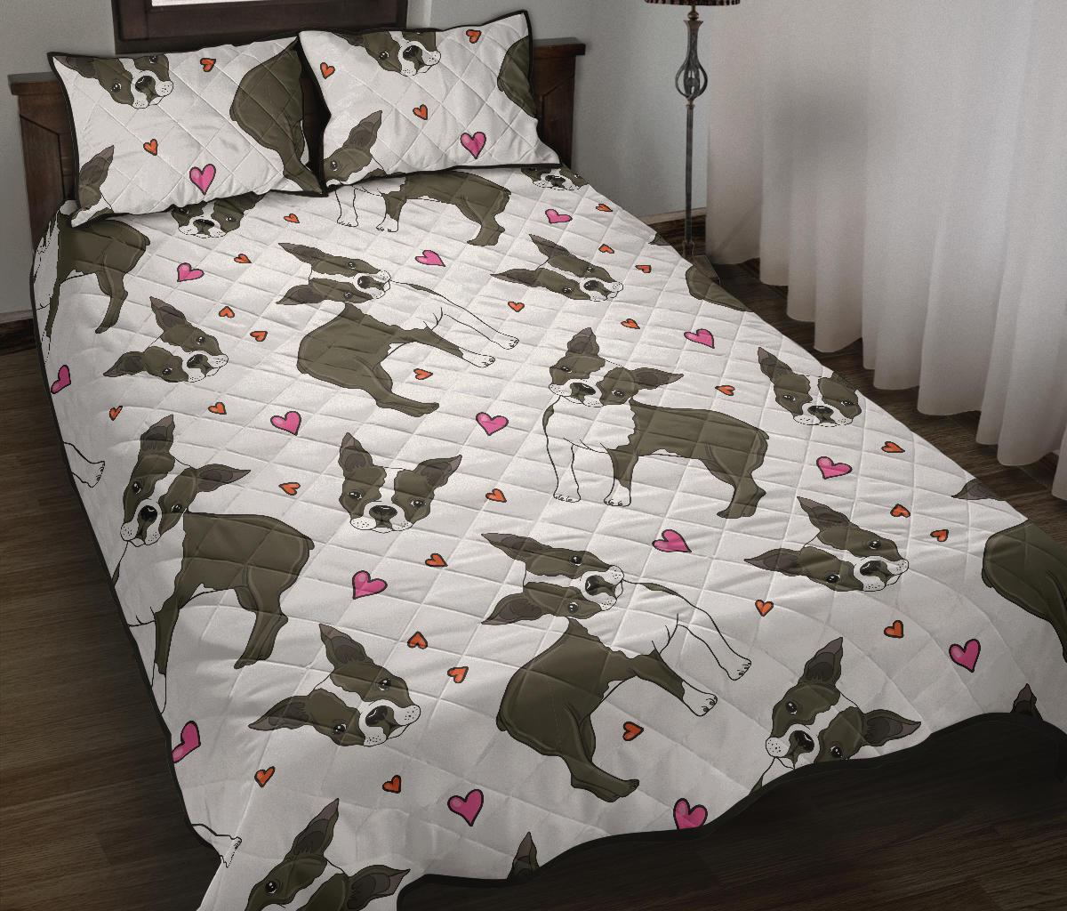 Boston terrier dog hearts vector pattern Quilt Bed Set