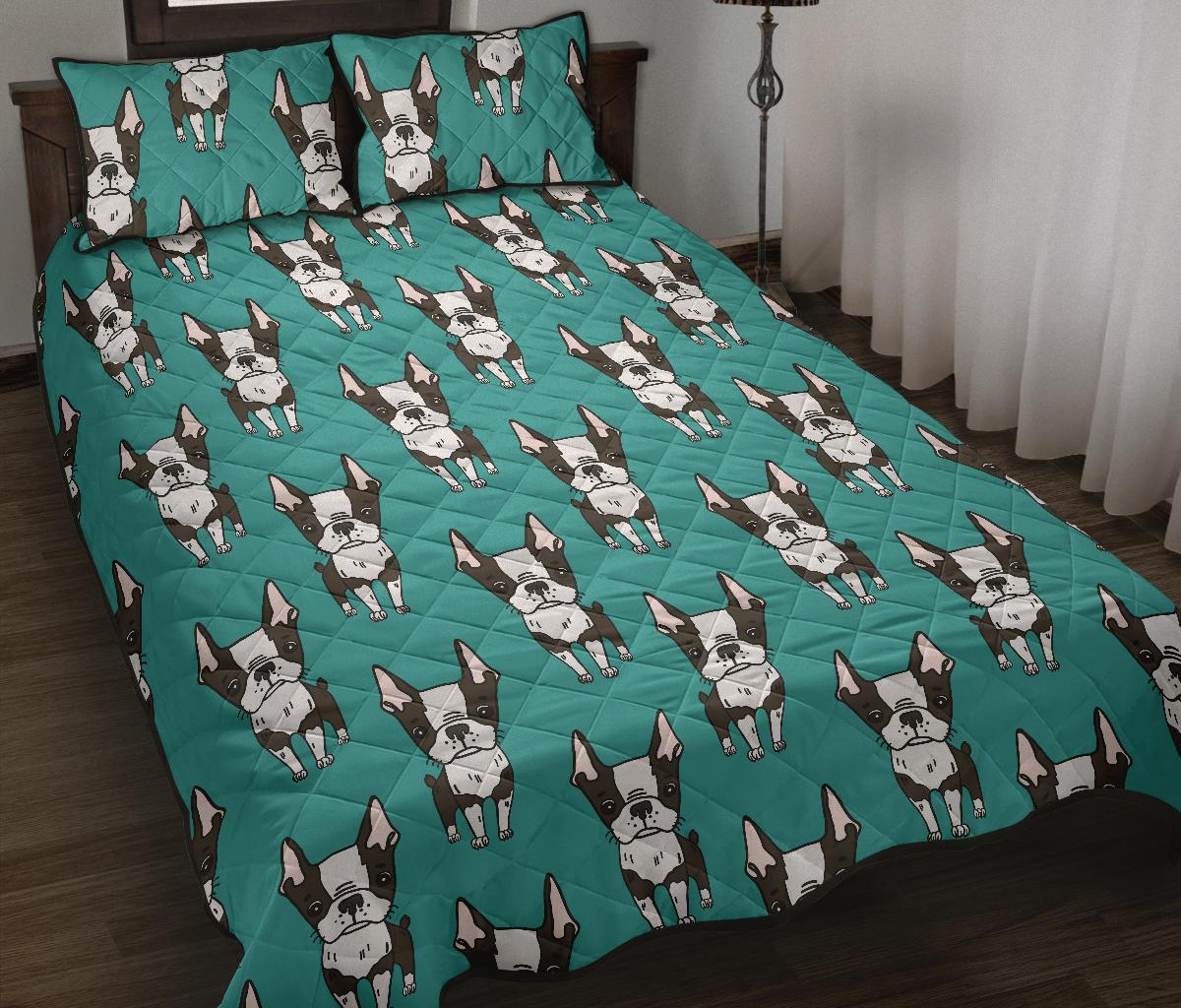 Hand drawn boston terrier dog pattern Quilt Bed Set