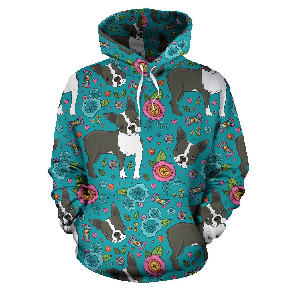 Boston Terrier Beautiful Flower Pattern Men Women Pullover Hoodie