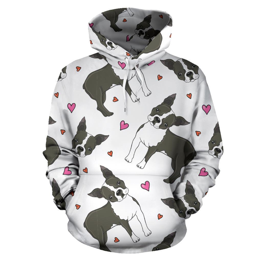 Boston Terrier Dog Hearts Vector Pattern Men Women Pullover Hoodie