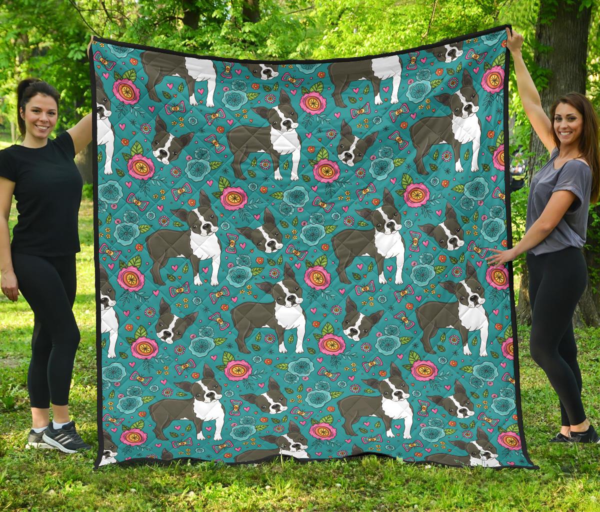 Boston Terrier Beautiful Flower Pattern Premium Quilt