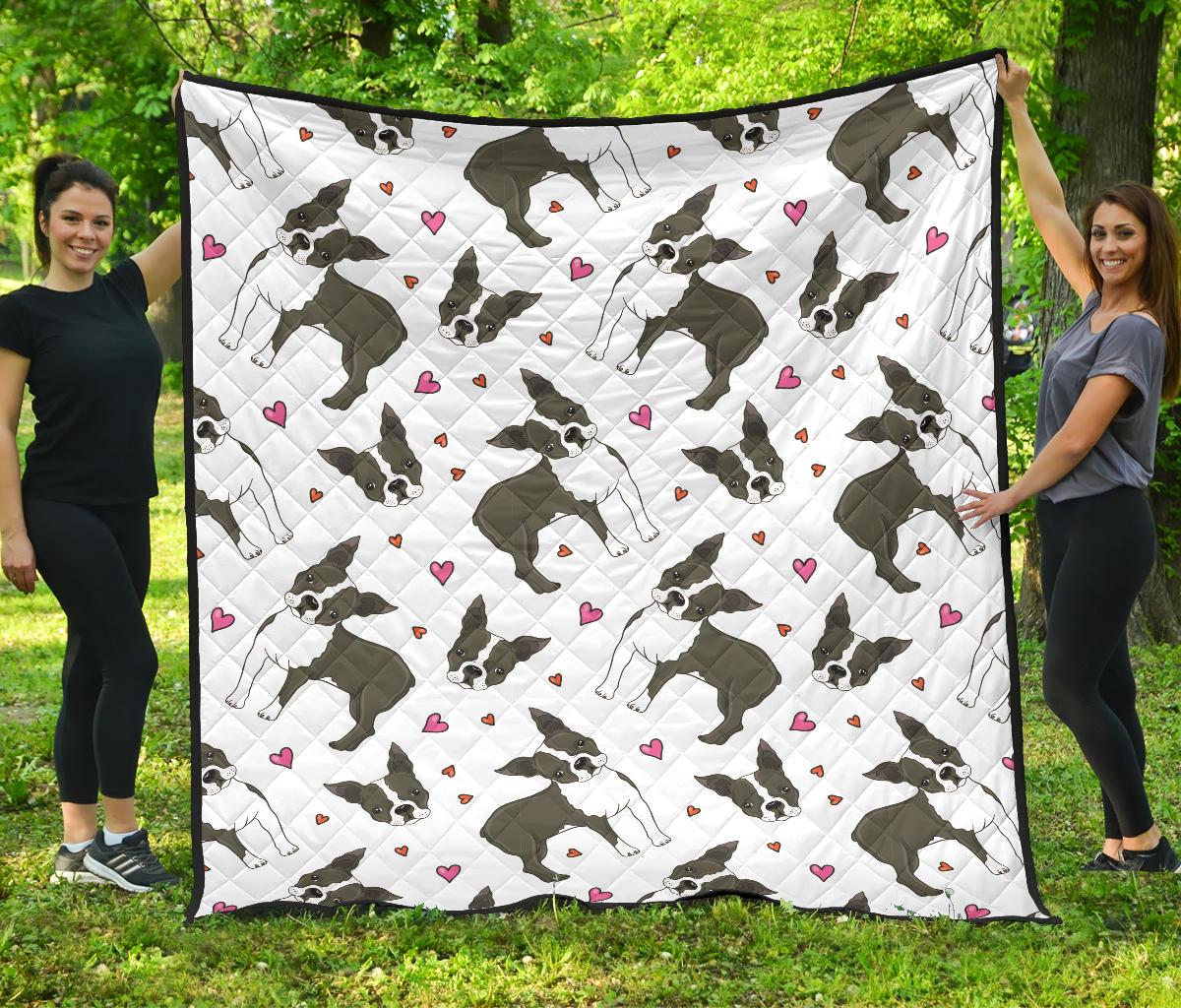 Boston Terrier Dog Hearts Vector Pattern Premium Quilt