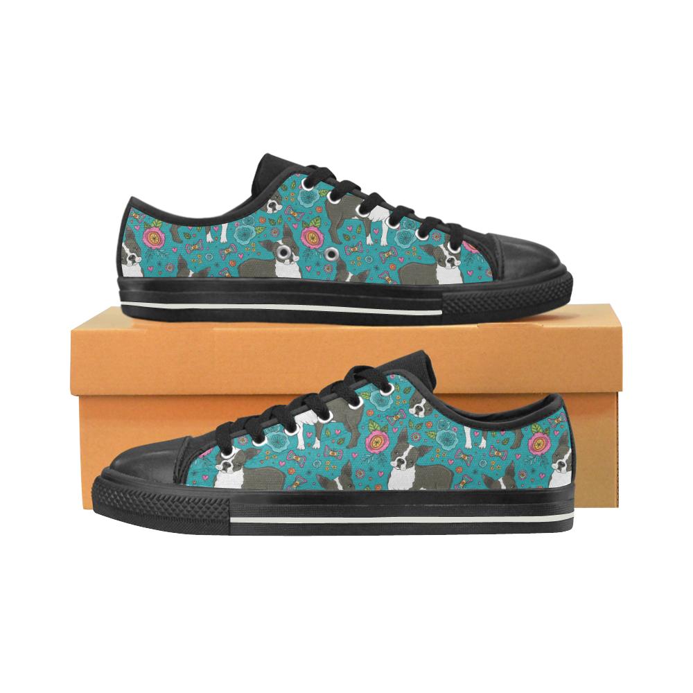 Boston terrier beautiful flower pattern Men’s Low Top Shoes Black