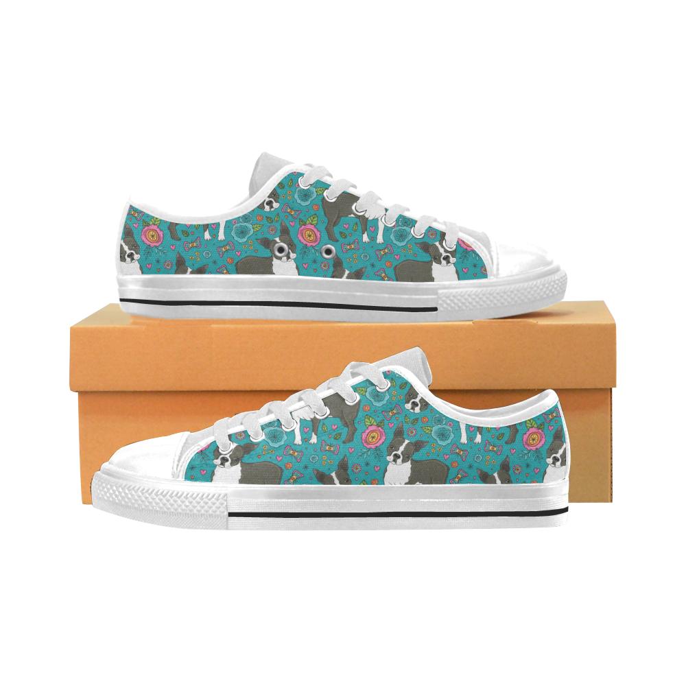 Boston terrier beautiful flower pattern Men’s Low Top Shoes White