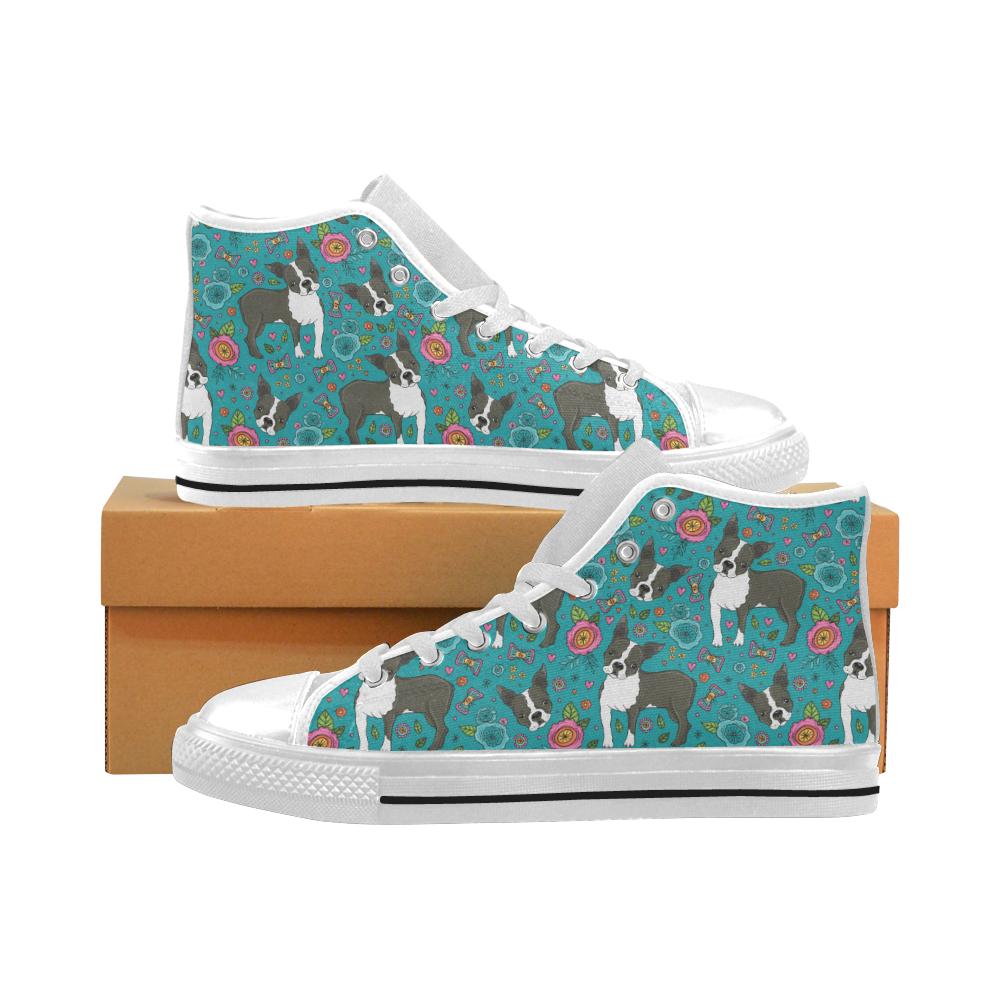 Boston terrier beautiful flower pattern Men’s High Top Shoes White