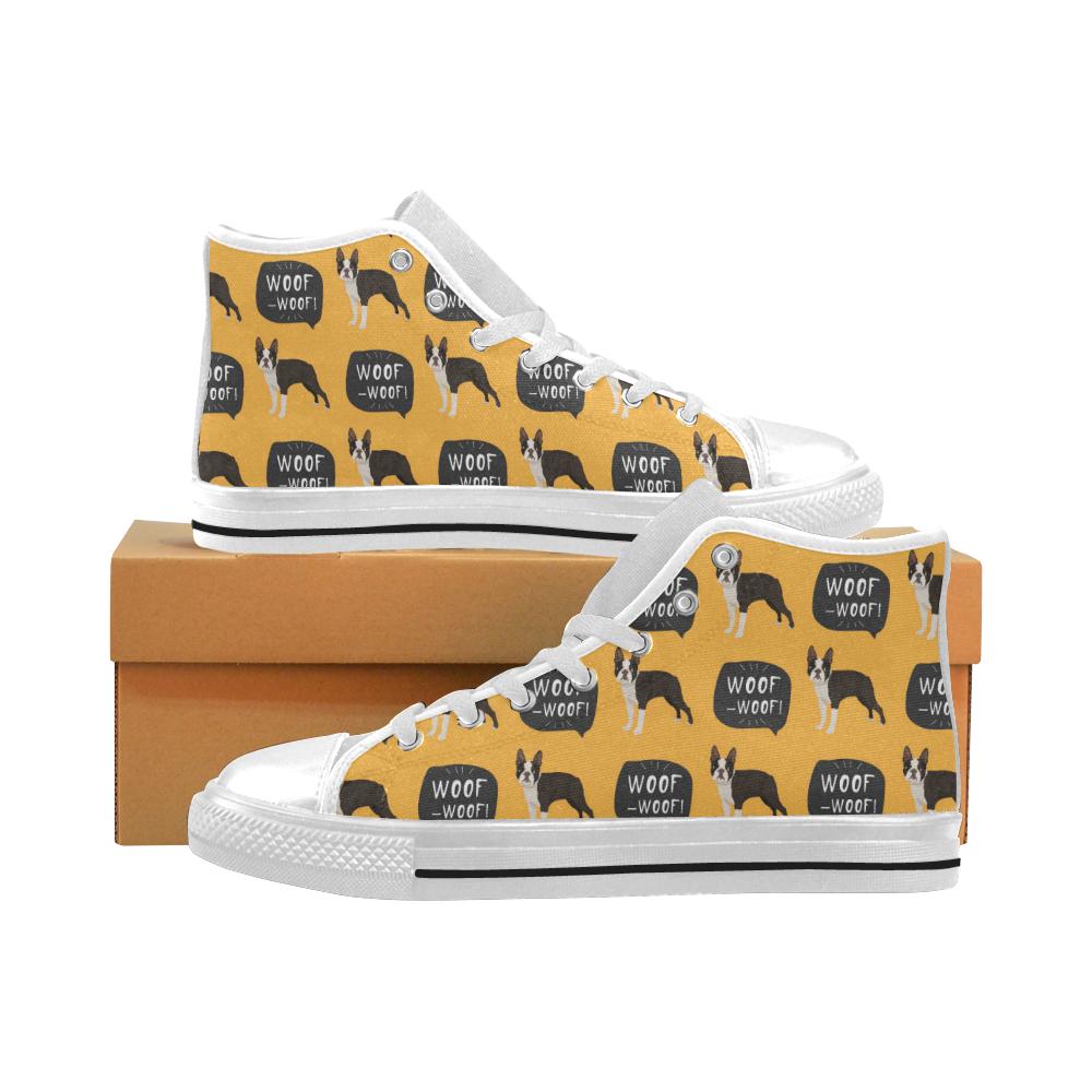 Boston terrier design pattern Men’s High Top Shoes White