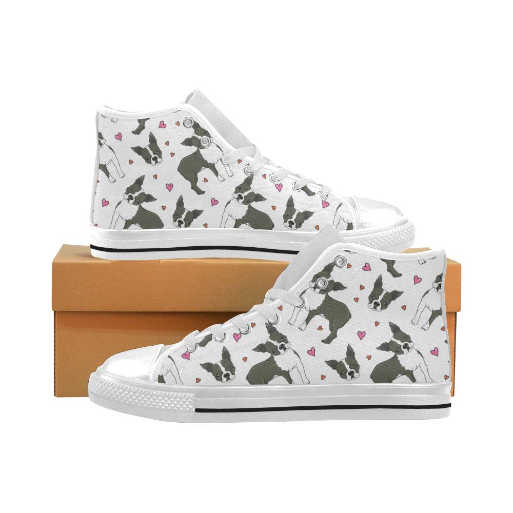 Boston terrier dog hearts vector pattern Men’s High Top Shoes White