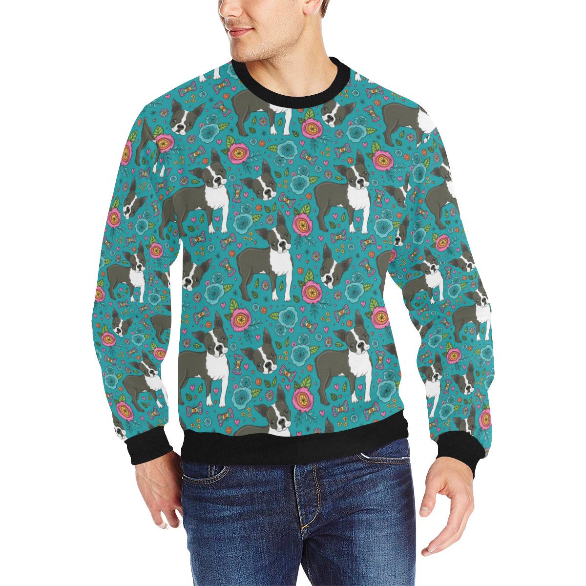 Boston terrier beautiful flower pattern Men’s Crew Neck Sweatshirt