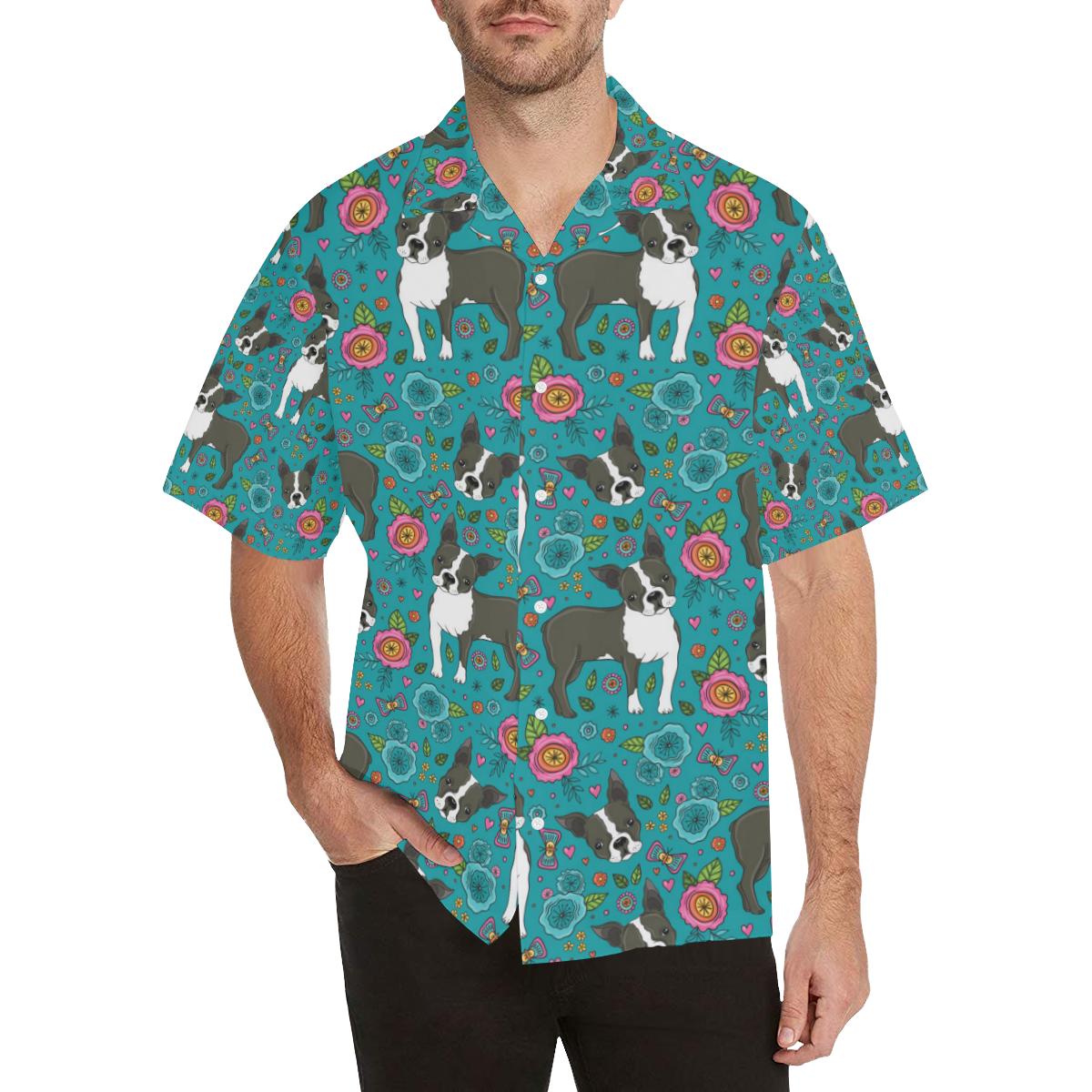 Boston terrier beautiful flower pattern Men’s All Over Print Hawaiian Shirt