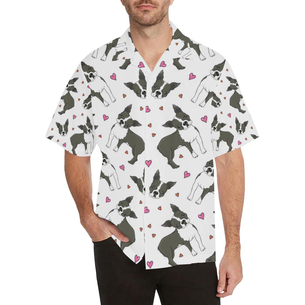 Boston terrier dog hearts vector pattern Men’s All Over Print Hawaiian Shirt