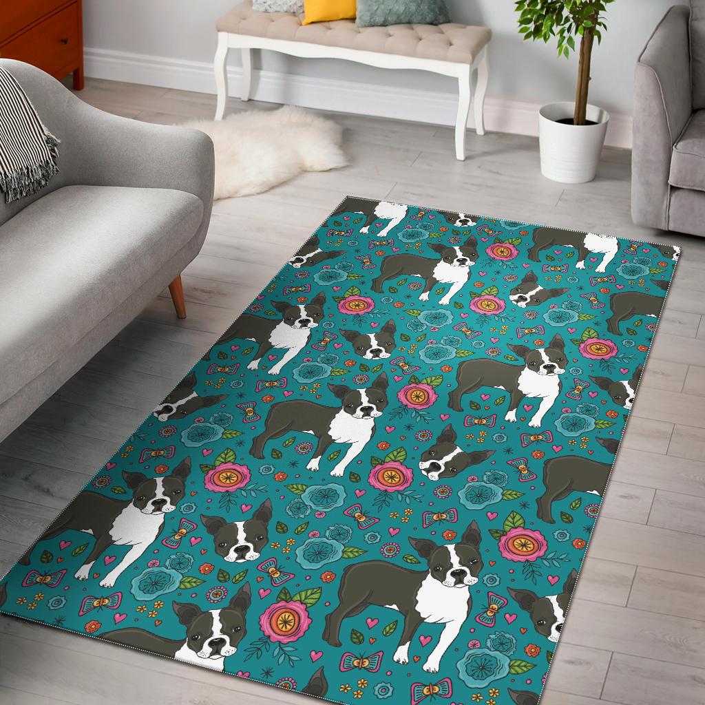 Boston Terrier Beautiful Flower Pattern Area Rug