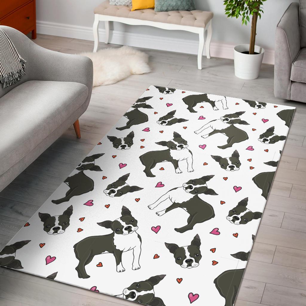 Boston Terrier Dog Hearts Vector Pattern Area Rug