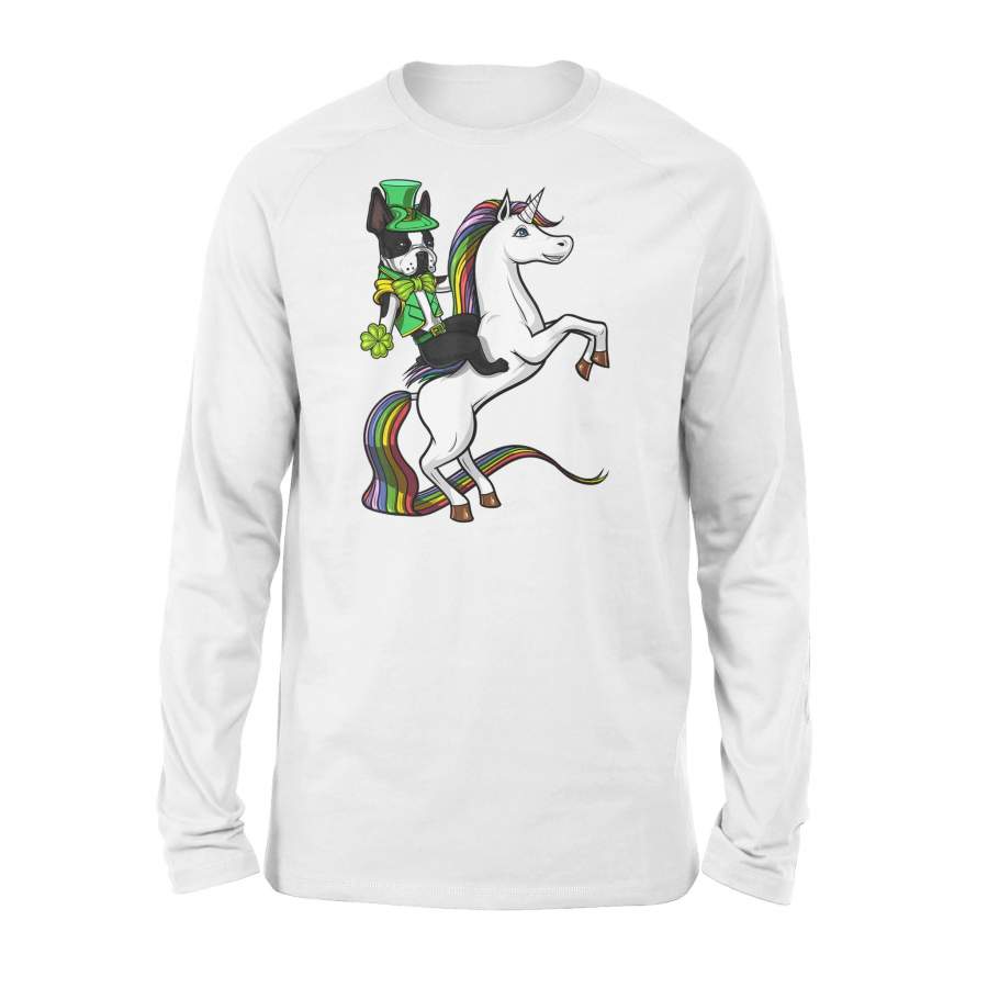 Boston Terrier Dog Riding Unicorn St Patricks Day Long Sleeve T-Shirt