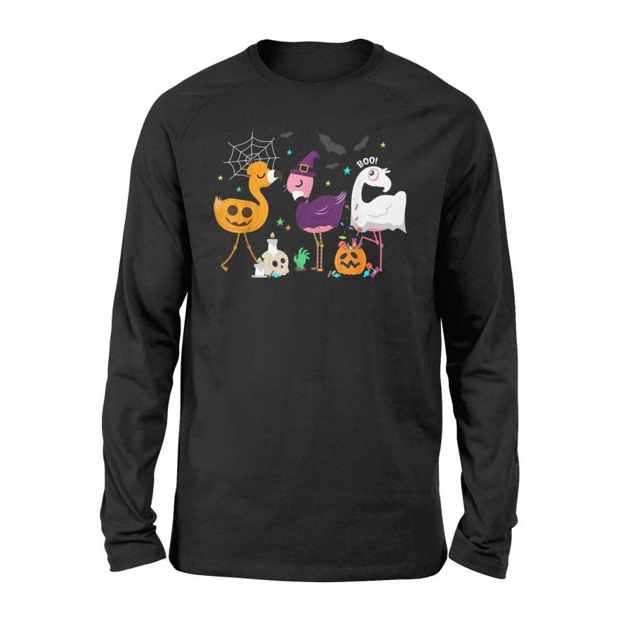 Halloween T-Shirt Flamingo Halloween Pumpkin Witch Ghost T-Shirt – Standard Long Sleeve