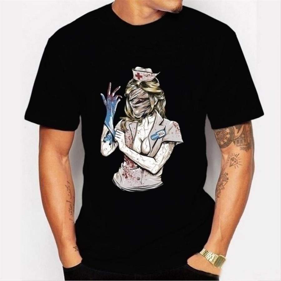 Silent Blink T-Shirt Men’S Horror Cotton Fashion Print Personality Hip Hop Casual Loose Short Sleeve