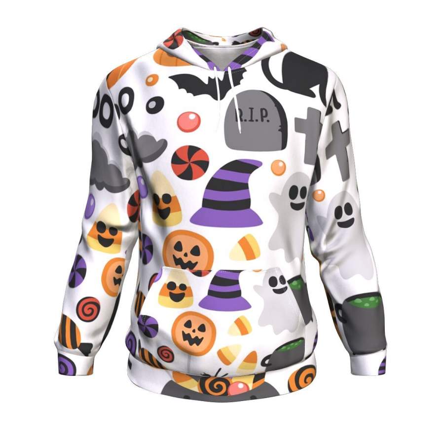 Ghost, Cat, Bat, Candy Funny Halloween Hoodie Over Print