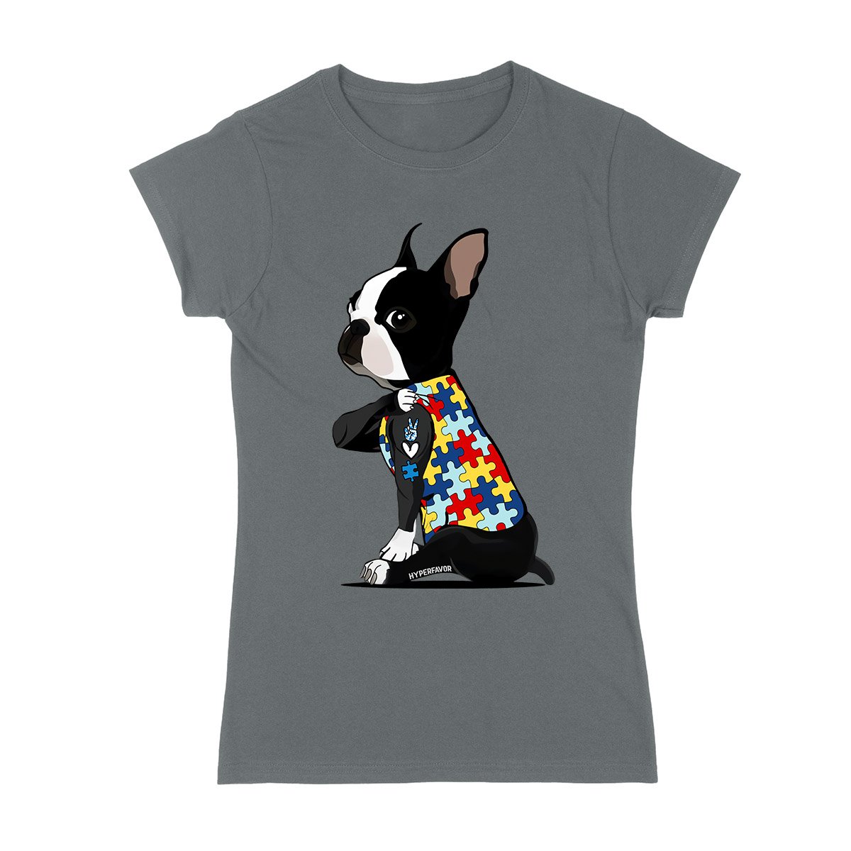 Boston Terrier Autism Awareness Peace Love Ez06 0504 Ladies T-Shirt