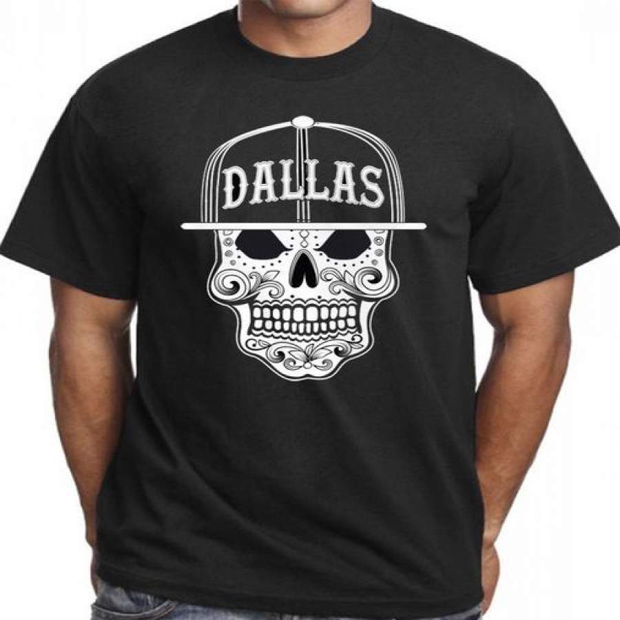 Dallas Sugar Skull T Shirt Mexican Art Aztec Dia De Los Muertos Big D Texas Tee