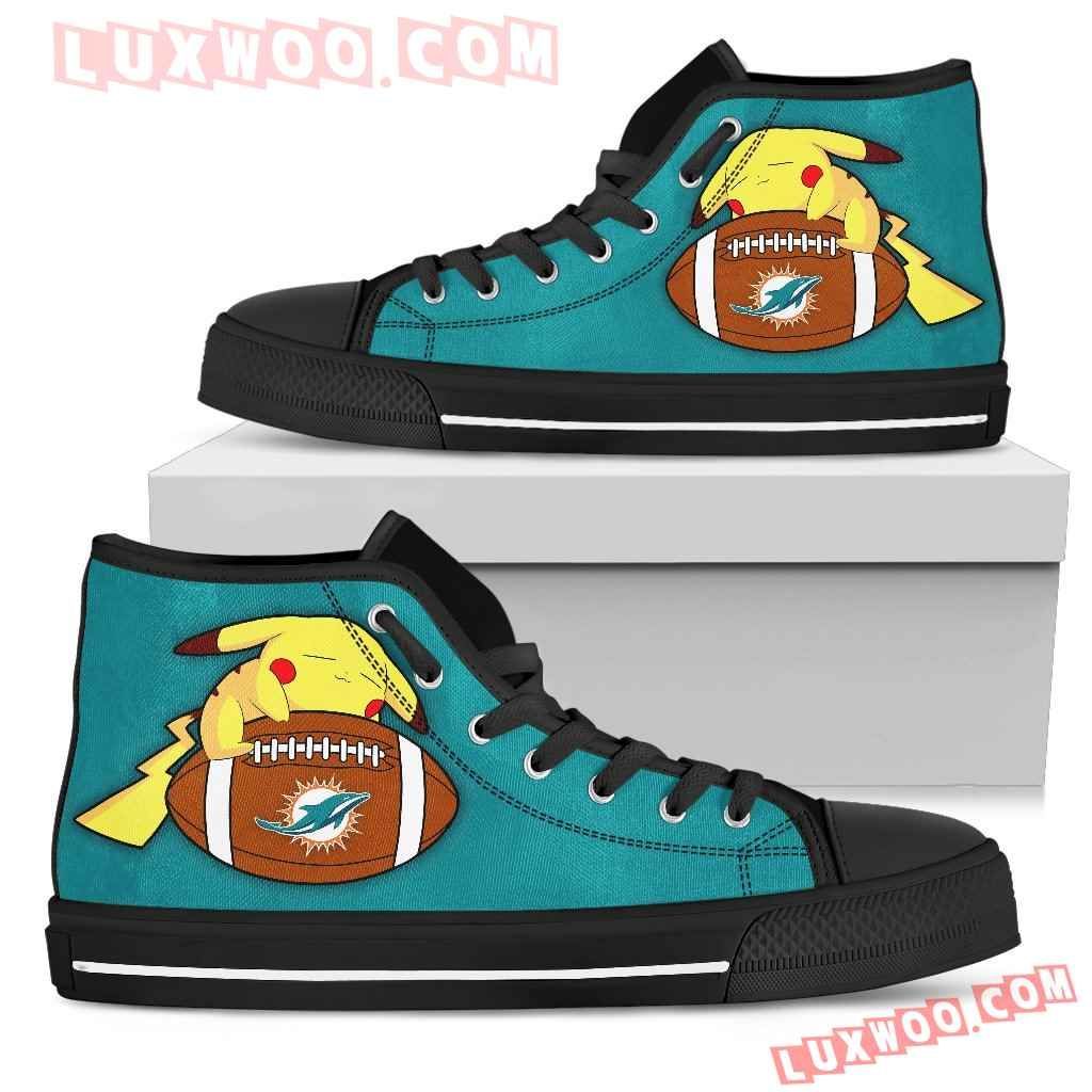 Cool Pikachu Laying On Ball Miami Dolphins High Top Shoes Sport Sneakers