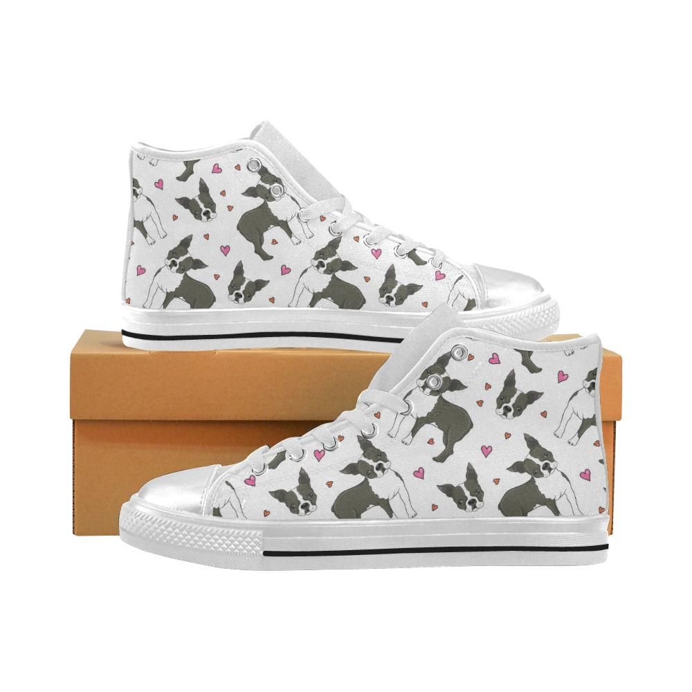 Boston terrier dog hearts vector pattern Women’s High Top Shoes White