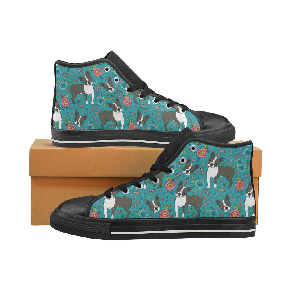 Boston terrier beautiful flower pattern Men’s High Top Shoes Black