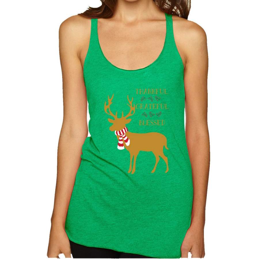 Thankful Grateful Blessed Xmas Raindeer Mistletoe Christmas Tri-Blend Racerback Tank Top