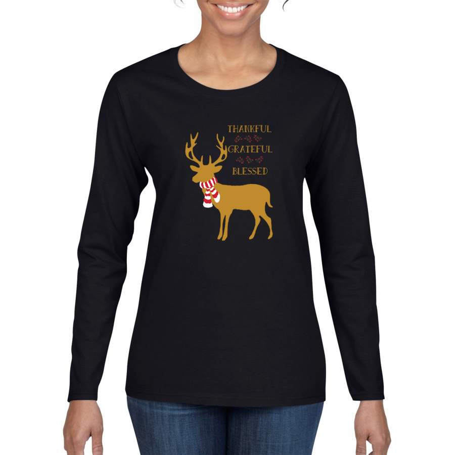 Thankful Grateful Blessed Xmas Raindeer Mistletoe Christmas Womens Graphic Long Sleeve T-Shirt