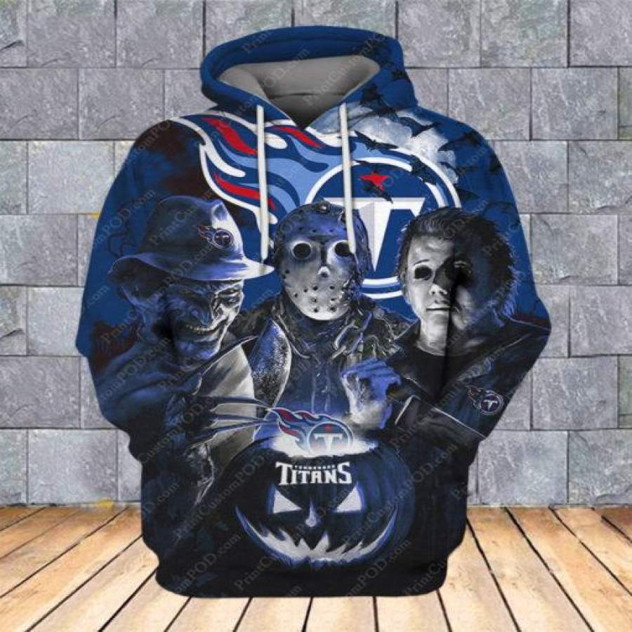 Horror Tennessee Titans All Over Print ?C Tennessee Titans 3D Hoodie – Tennessee Titans With Jason Voorhees, Freddy Krueger, Michael Myers Hoodie