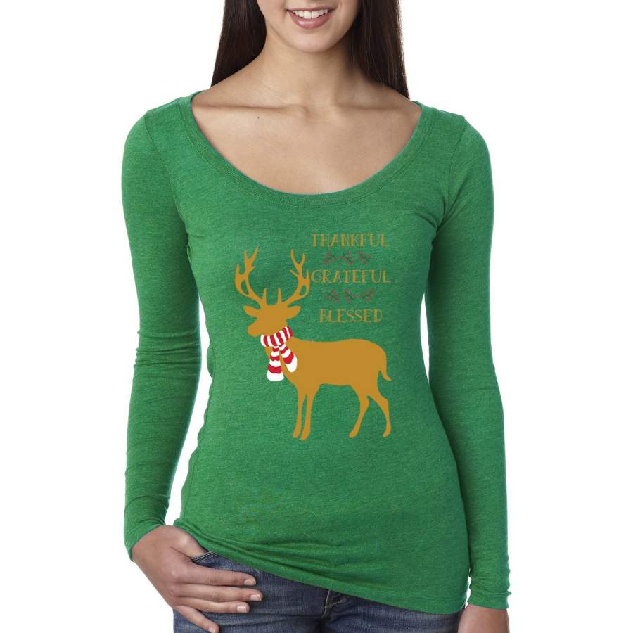 Thankful Grateful Blessed Xmas Raindeer Mistletoe Christmas Womens Scoop Long Sleeve Top