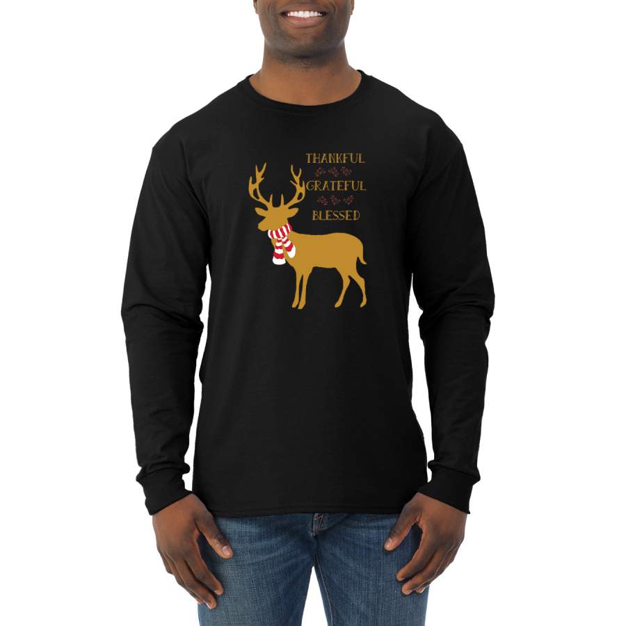 Thankful Grateful Blessed Xmas Raindeer Mistletoe Christmas Mens Long Sleeve Shirt