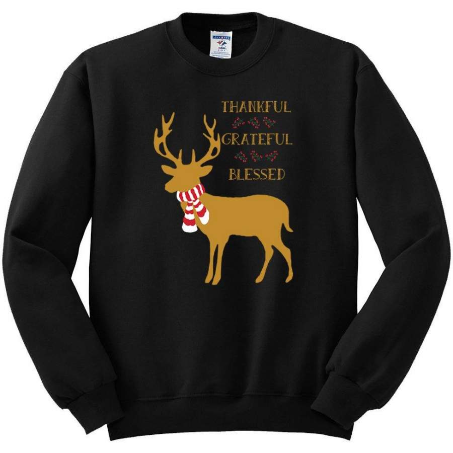 Thankful Grateful Blessed Xmas Raindeer Mistletoe Christmas Unisex Crewneck Graphic Sweatshirt