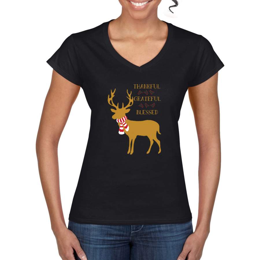 Thankful Grateful Blessed Xmas Raindeer Mistletoe Christmas Women??s Standard V-Neck Tee