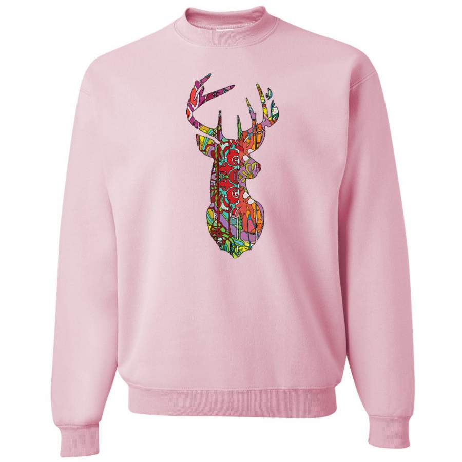 Trippy Colorful Buck Head Rainbow Hunting Deer Mosaic Animal Lover Crewneck Graphic Sweatshirt