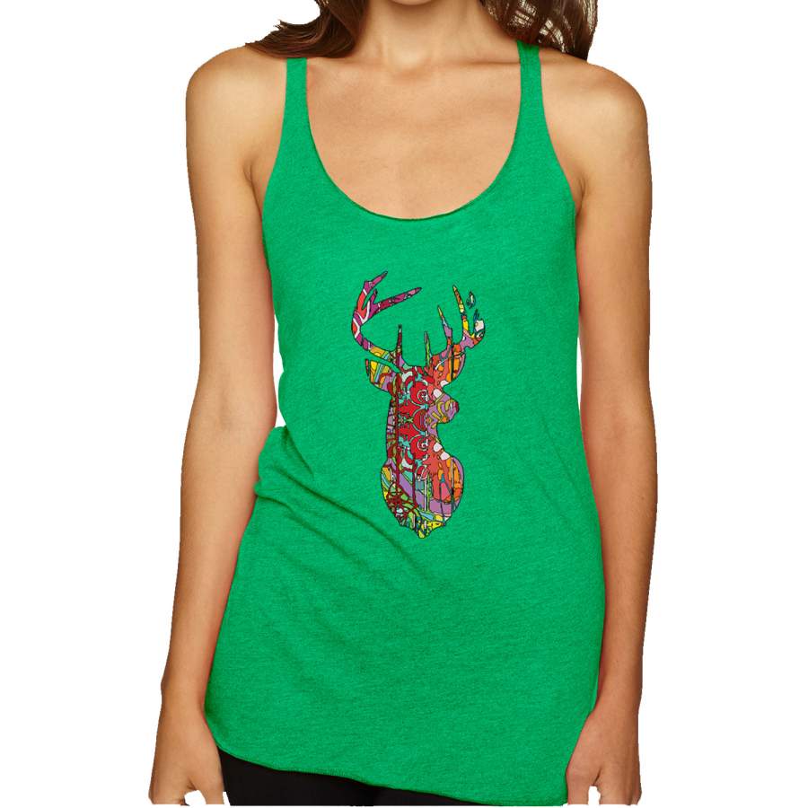 Trippy Colorful Buck Head Rainbow Hunting Deer Mosaic Animal Lover Tri-Blend Racerback Tank Top