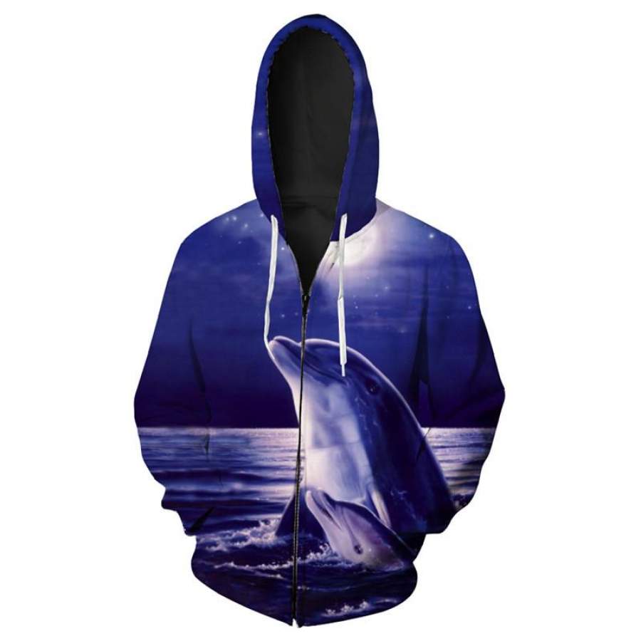 Cute Mother and Daughter Dolphins Print Fashion Purple Zipper Hooded Sweatshirt Tacksuits