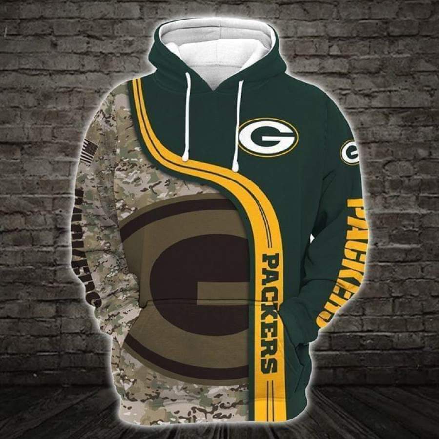 Green Bay Packers Camouflage Pattern American Flag Printed Hoodie Unisex 3D All Over Print