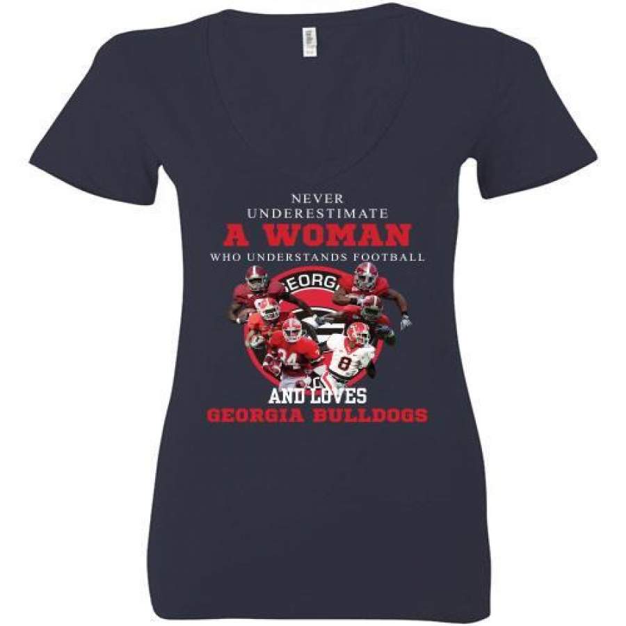 Never Underestimate A Woman Who Understands Football And Loves Georgia Bulldogs Ladies Deep V-Neck