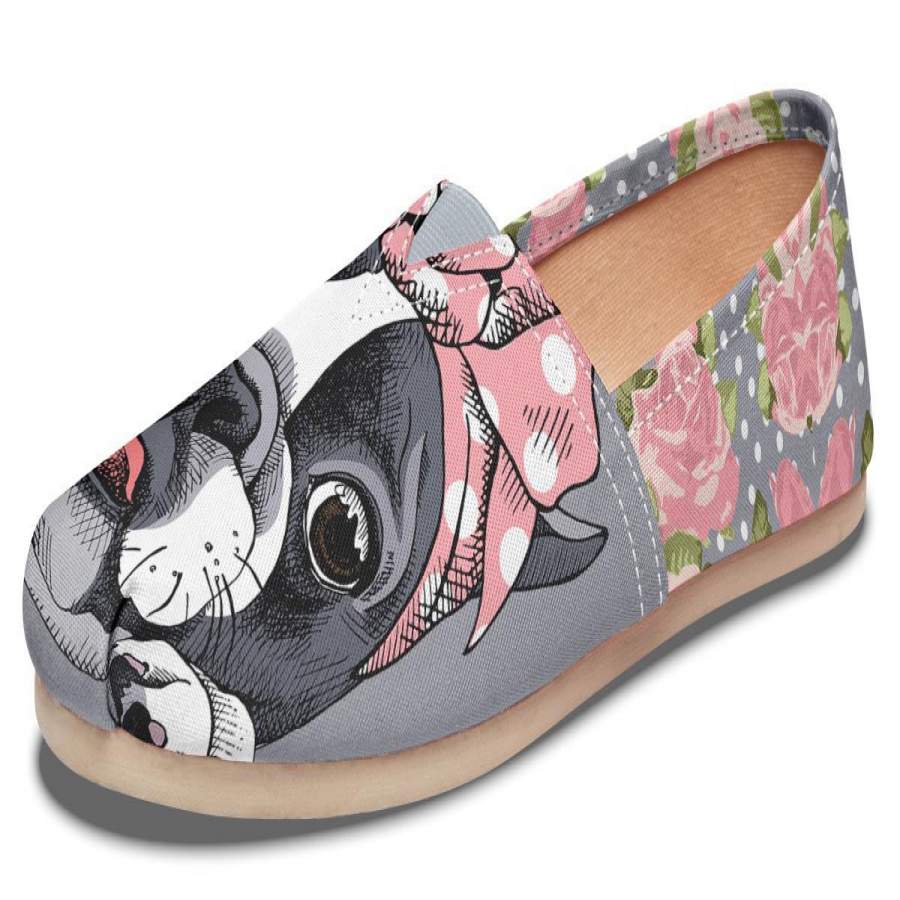 Floral Boston Terrier Pink Casual Shoes