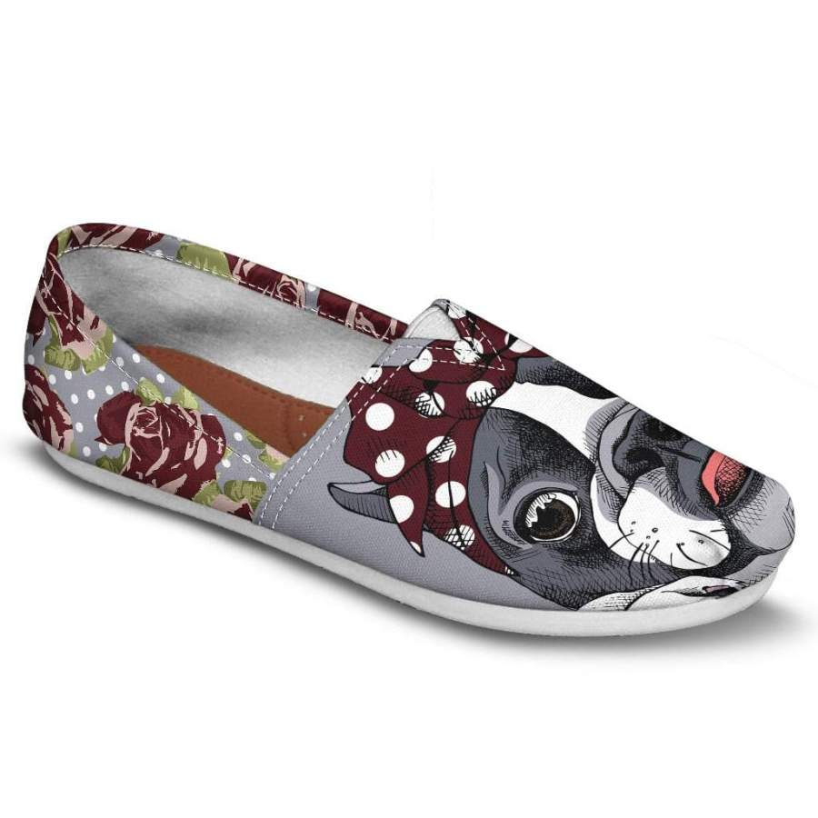 Floral Boston Terrier Dark Red Casual Shoes-Clearance